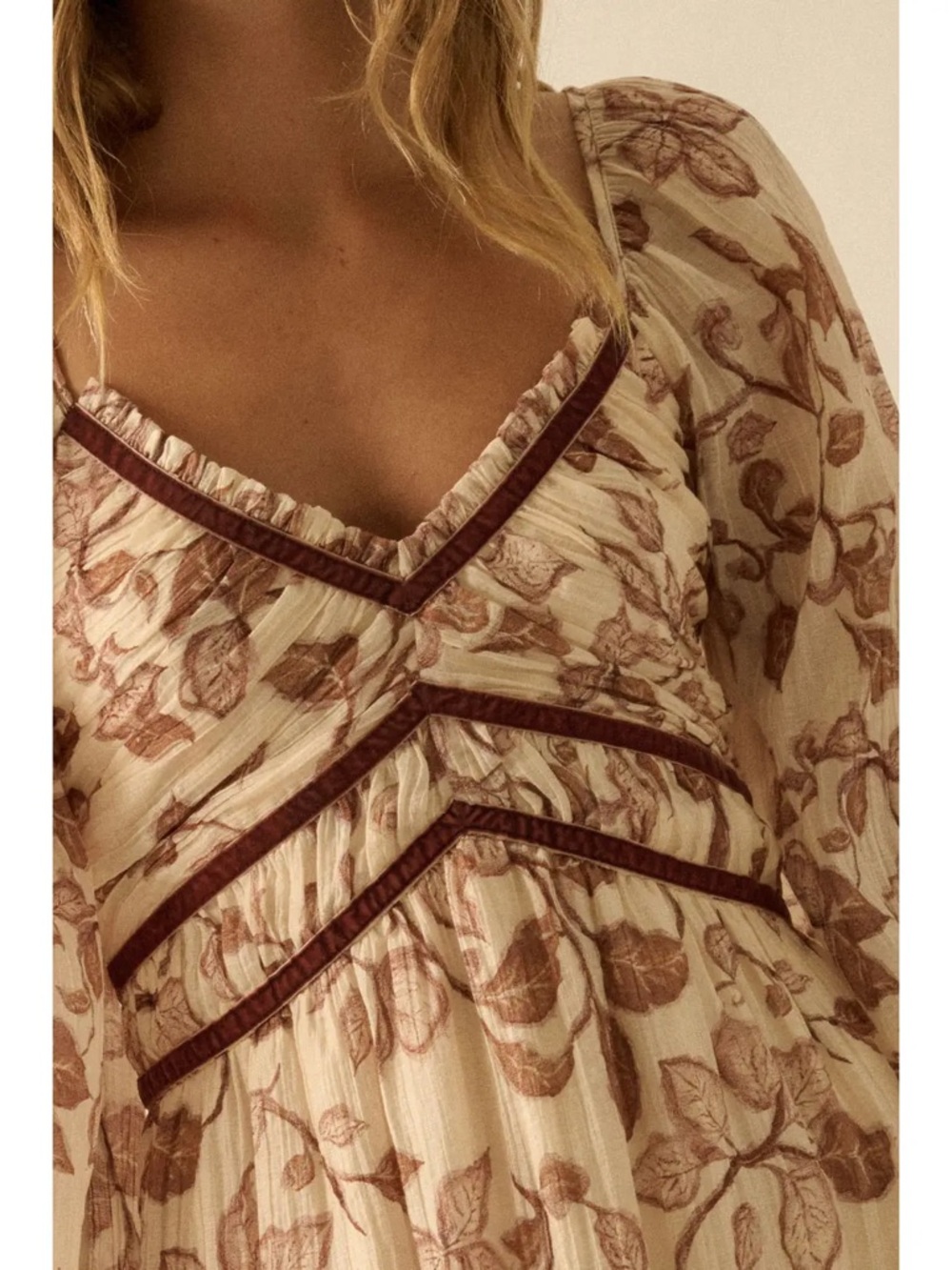 Boho Floral Maxi Dress in Cream and Brown with V-Neck Detail - Picture 3 of 3